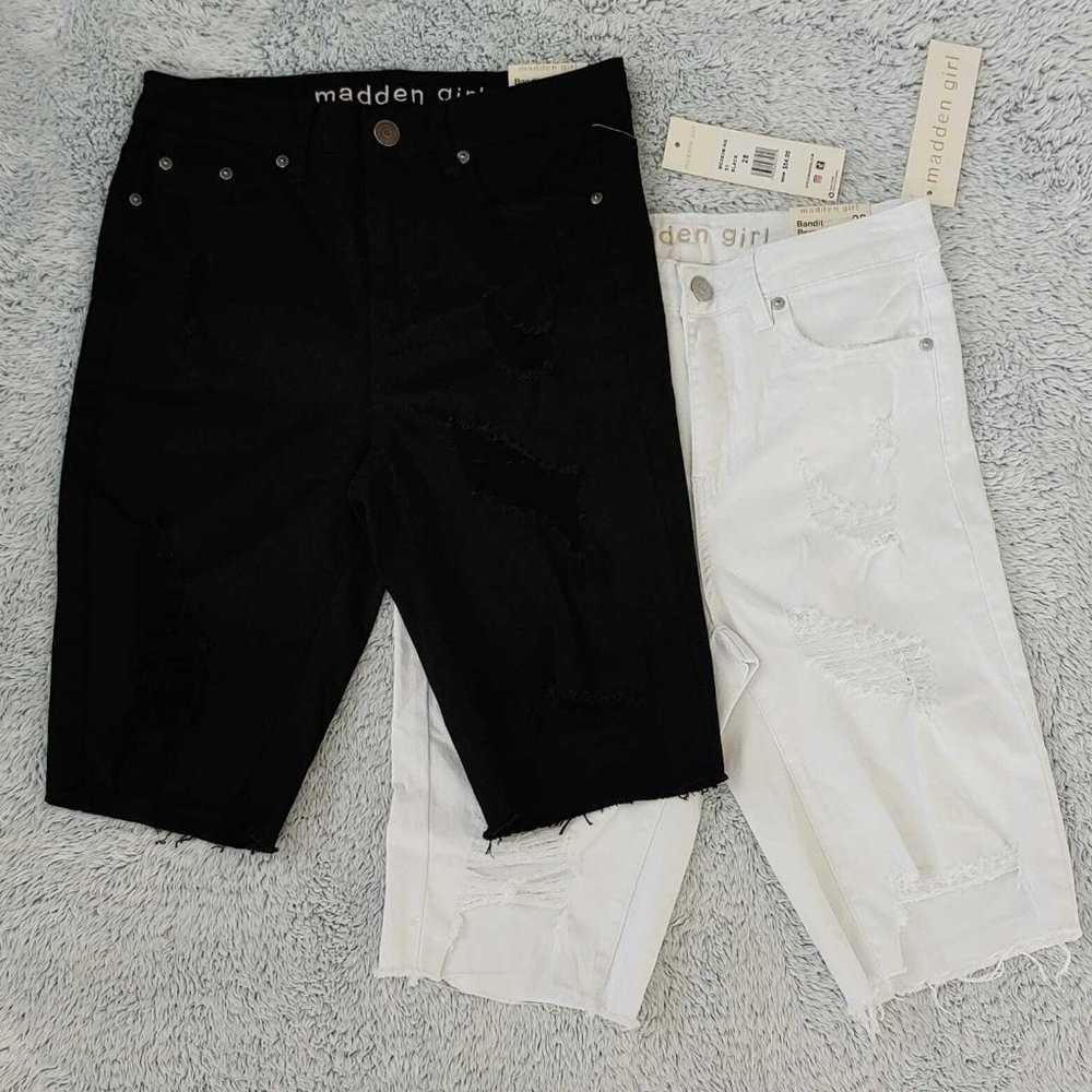 2 Madden Girl Bandit Bermuda Shorts Black & White Distressed Bundle NEW - Picture 2 of 13
